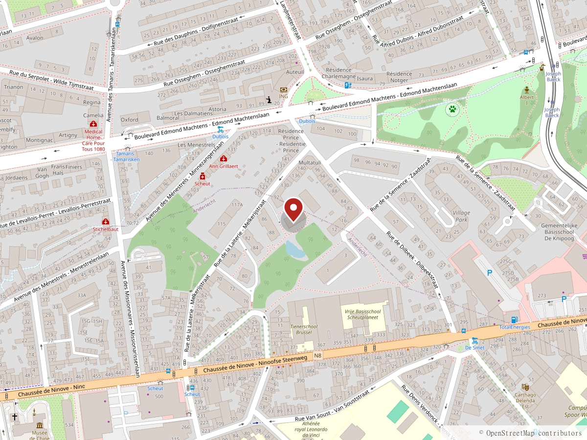 Plan du quartier : le cabinet du Professeur Lama, 90 rue de la Laiterie à Anderlecht, entre le boulevard Edmond Machtens et la chaussée de Ninove.