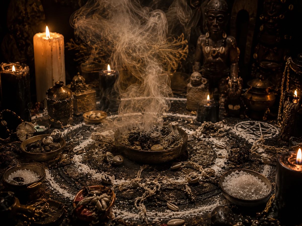 Rituel de désenvoûtement : brasero fumant entouré de sel et de cristaux