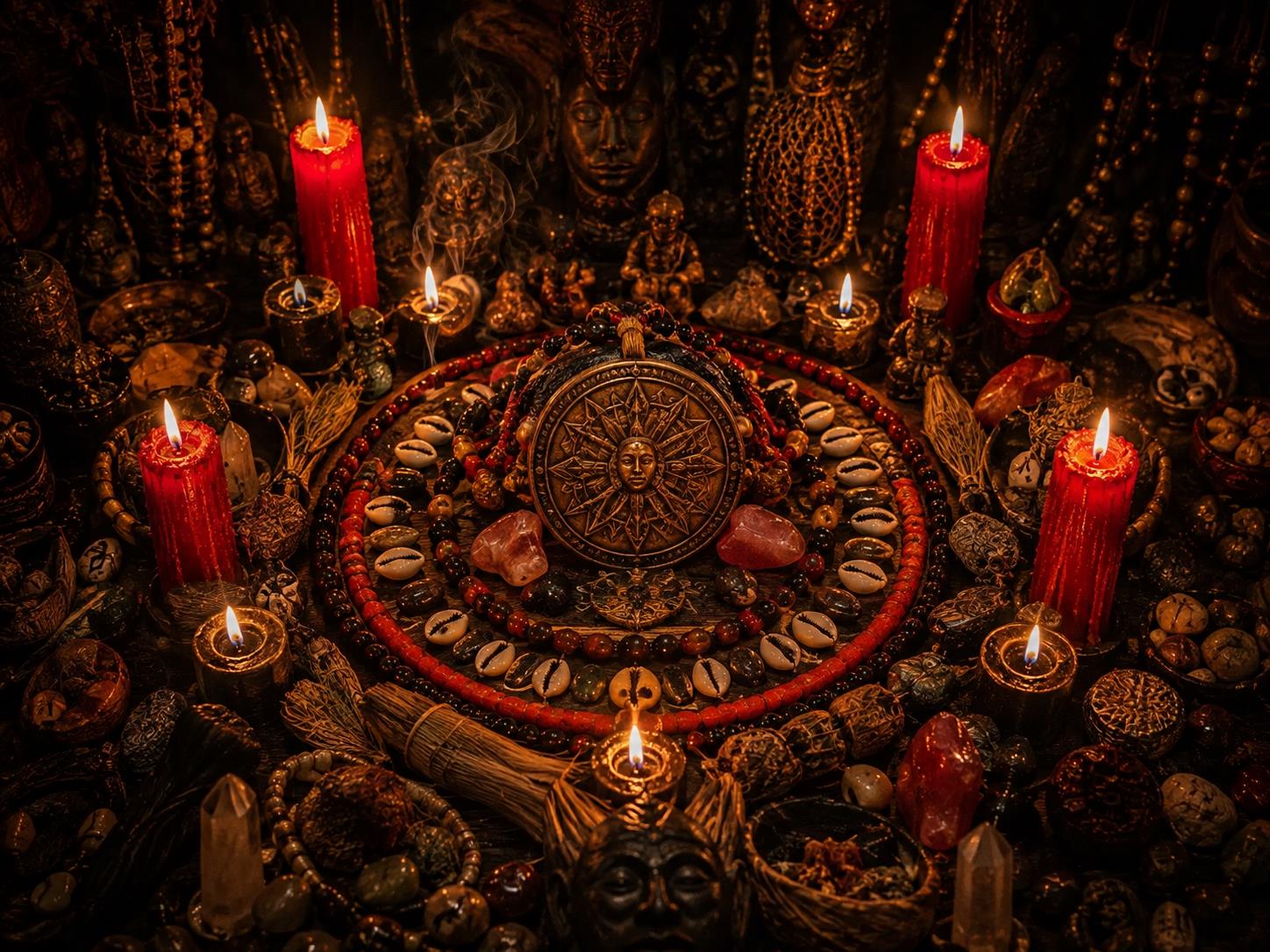 Talisman de protection en cauris entouré de bougies rouges