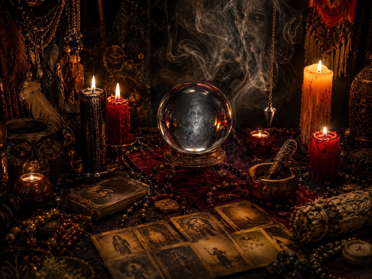 Boule de cristal et pendule sur une table de voyance